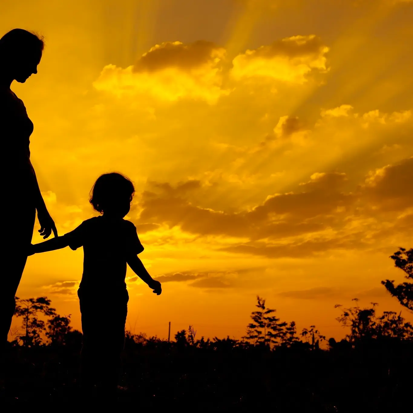 Woman and her child walking in the grass with a sunset in the background
